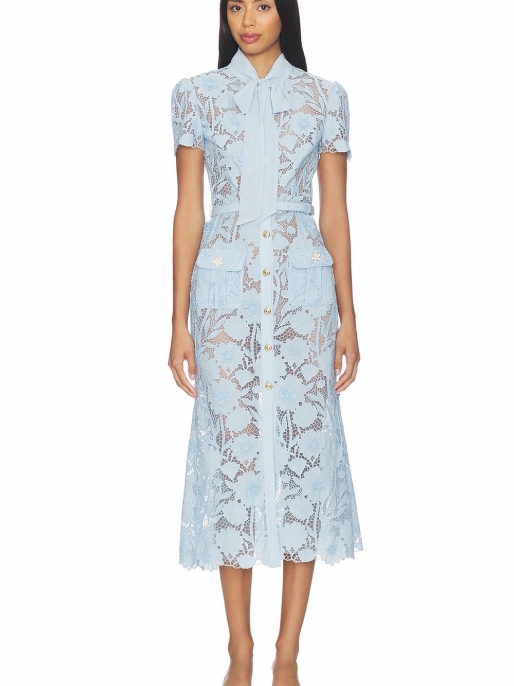 Self Portrait Blue Lace Midi Dress with Tie Neck